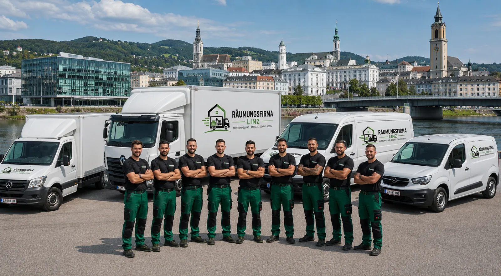 Team und Fuhrpark der Räumungsfirma Linz vor der Linzer Donau-Skyline