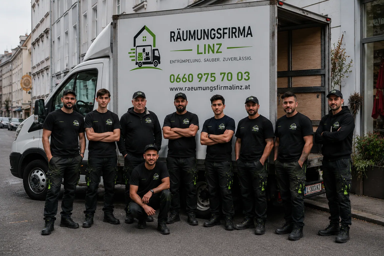 Team der Räumungsfirma Linz vor dem Firmen-LKW